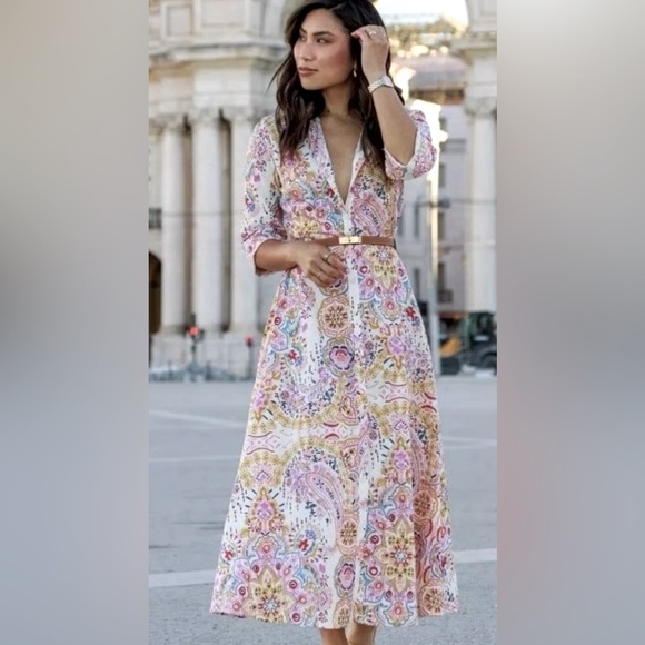 Zara Dresses & Skirts - Zara Moroccan Print 3/4 Sleeve Belted A-line Cotton Midi Shirt Dress ZB2